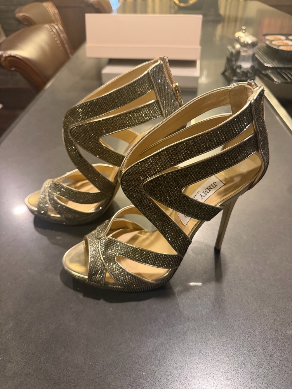 Jimmy Choo Metallic Gold Strappy Zigzag High Heel Sandals